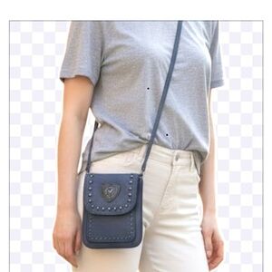 Anneliese Blue Denim Crossbody Bag with Heart Accents